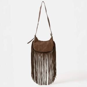Vegan Suede Fringe Crossbody Bag | Dark Brown
